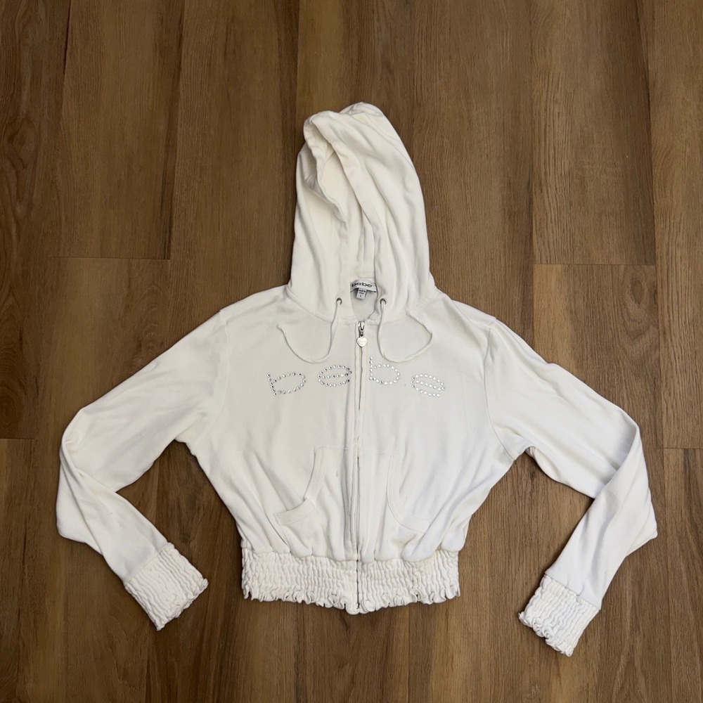Vintage Bebe Y2K White Rhinestone Logo Zip Up Smocked Cropped Hoodie Large